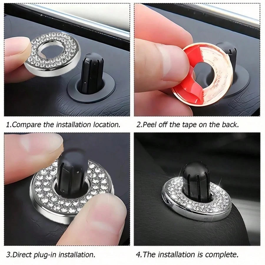 4pcs Rhinestone Zinc Alloy Car Door Lock Decorative Rings, For Interior Modification, Door Lid Decor