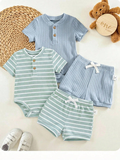 4pcs/Set Newborn Baby Boy/Girl Summer Cute Striped Blue Short Sleeve Romper & Shorts 4-Piece Outfit, Suitable For Home & Outings