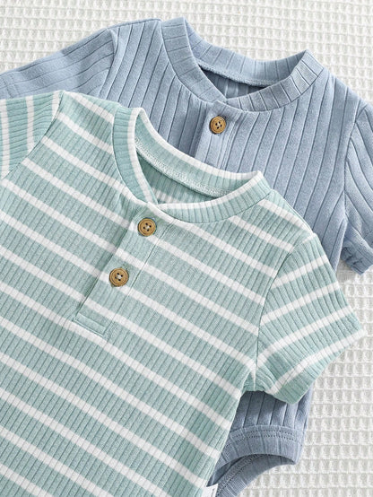 4pcs/Set Newborn Baby Boy/Girl Summer Cute Striped Blue Short Sleeve Romper & Shorts 4-Piece Outfit, Suitable For Home & Outings