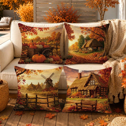 4pcs Vintage Autumn Farm Landscape Pumpkin Cushion Covers, Single-Sided Printed Peach Skin Polyester Fabric, 45*45CM Pillowcases For Modern Fabric Sofa Indoor Decor, Party Decoration, Gift Giving
