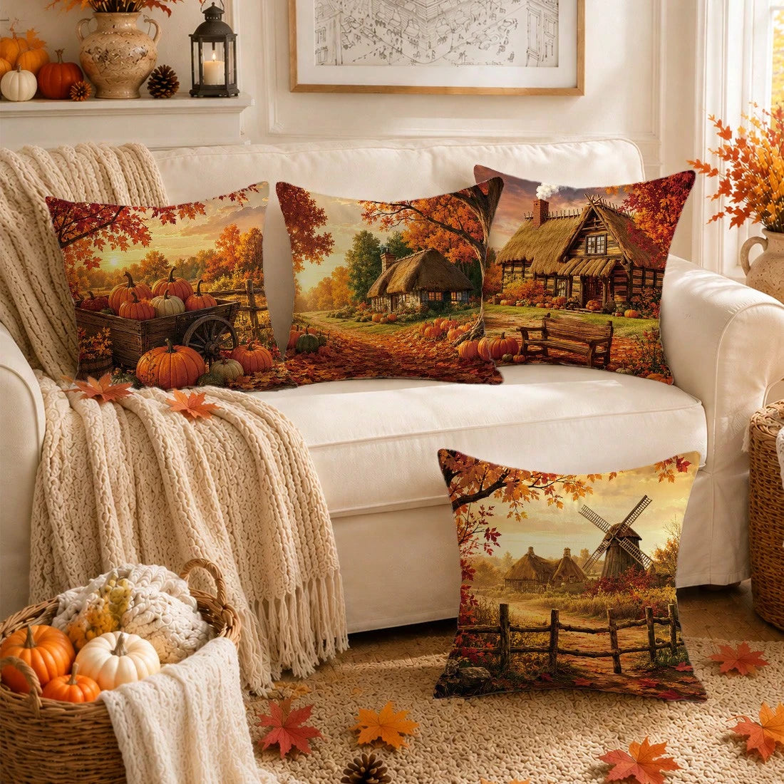 4pcs Vintage Autumn Farm Landscape Pumpkin Cushion Covers, Single-Sided Printed Peach Skin Polyester Fabric, 45*45CM Pillowcases For Modern Fabric Sofa Indoor Decor, Party Decoration, Gift Giving