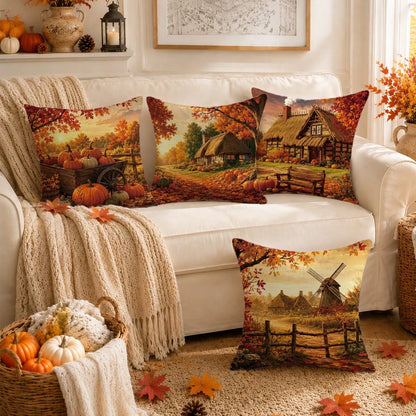 4pcs Vintage Autumn Farm Landscape Pumpkin Cushion Covers, Single-Sided Printed Peach Skin Polyester Fabric, 45*45CM Pillowcases For Modern Fabric Sofa Indoor Decor, Party Decoration, Gift Giving