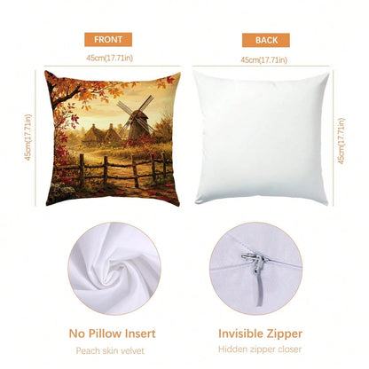 4pcs Vintage Autumn Farm Landscape Pumpkin Cushion Covers, Single-Sided Printed Peach Skin Polyester Fabric, 45*45CM Pillowcases For Modern Fabric Sofa Indoor Decor, Party Decoration, Gift Giving