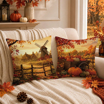 4pcs Vintage Autumn Farm Landscape Pumpkin Cushion Covers, Single-Sided Printed Peach Skin Polyester Fabric, 45*45CM Pillowcases For Modern Fabric Sofa Indoor Decor, Party Decoration, Gift Giving