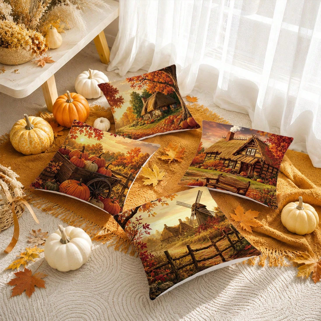 4pcs Vintage Autumn Farm Landscape Pumpkin Cushion Covers, Single-Sided Printed Peach Skin Polyester Fabric, 45*45CM Pillowcases For Modern Fabric Sofa Indoor Decor, Party Decoration, Gift Giving