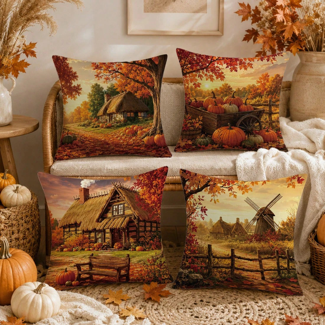 4pcs Vintage Autumn Farm Landscape Pumpkin Cushion Covers, Single-Sided Printed Peach Skin Polyester Fabric, 45*45CM Pillowcases For Modern Fabric Sofa Indoor Decor, Party Decoration, Gift Giving