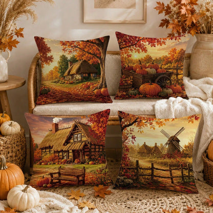 4pcs Vintage Autumn Farm Landscape Pumpkin Cushion Covers, Single-Sided Printed Peach Skin Polyester Fabric, 45*45CM Pillowcases For Modern Fabric Sofa Indoor Decor, Party Decoration, Gift Giving