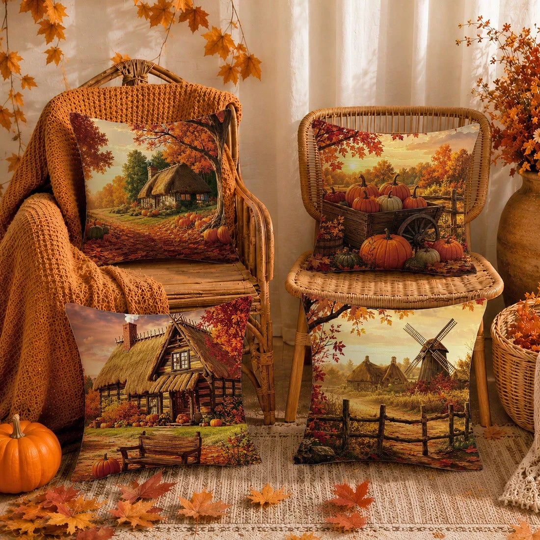 4pcs Vintage Autumn Farm Landscape Pumpkin Cushion Covers, Single-Sided Printed Peach Skin Polyester Fabric, 45*45CM Pillowcases For Modern Fabric Sofa Indoor Decor, Party Decoration, Gift Giving