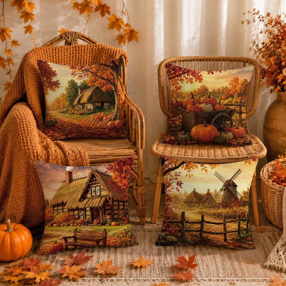 4pcs Vintage Autumn Farm Landscape Pumpkin Cushion Covers, Single-Sided Printed Peach Skin Polyester Fabric, 45*45CM Pillowcases For Modern Fabric Sofa Indoor Decor, Party Decoration, Gift Giving