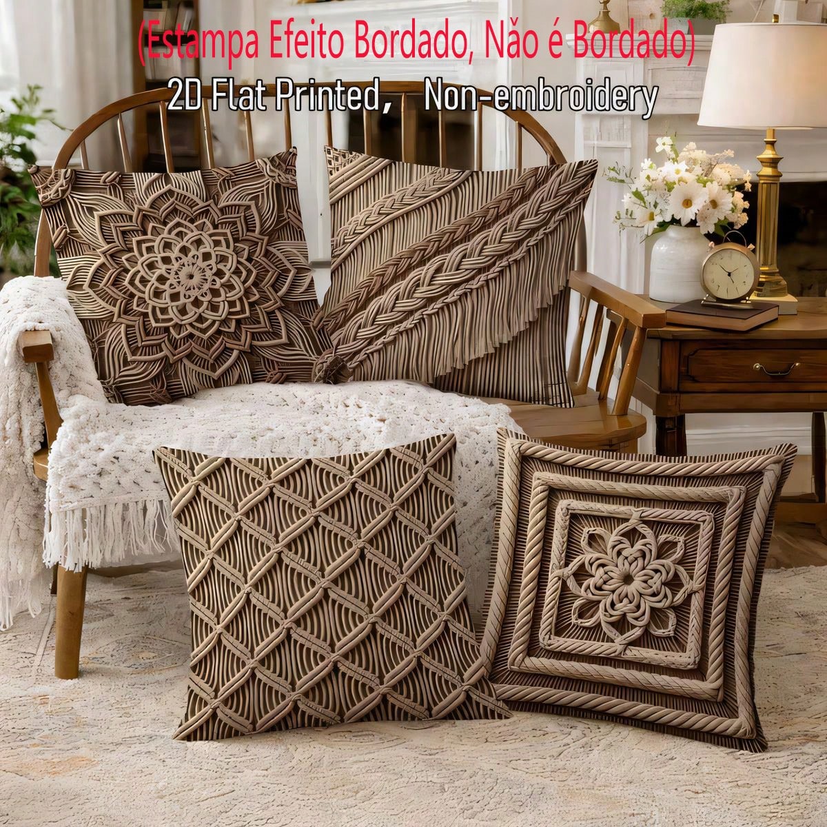 4pcs Vintage Bohemian Knot Print Pillow Covers, Single-Sided 2D Flat Print, Not 3D Real Weave Effect, Soft Comfortable Polyester Cushion Covers, 45*45cm (17.72*17.72in), Zipper Closure Machine Washabl