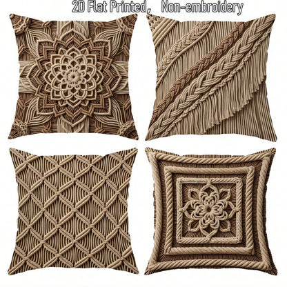 4pcs Vintage Bohemian Knot Print Pillow Covers, Single-Sided 2D Flat Print, Not 3D Real Weave Effect, Soft Comfortable Polyester Cushion Covers, 45*45cm (17.72*17.72in), Zipper Closure Machine Washabl