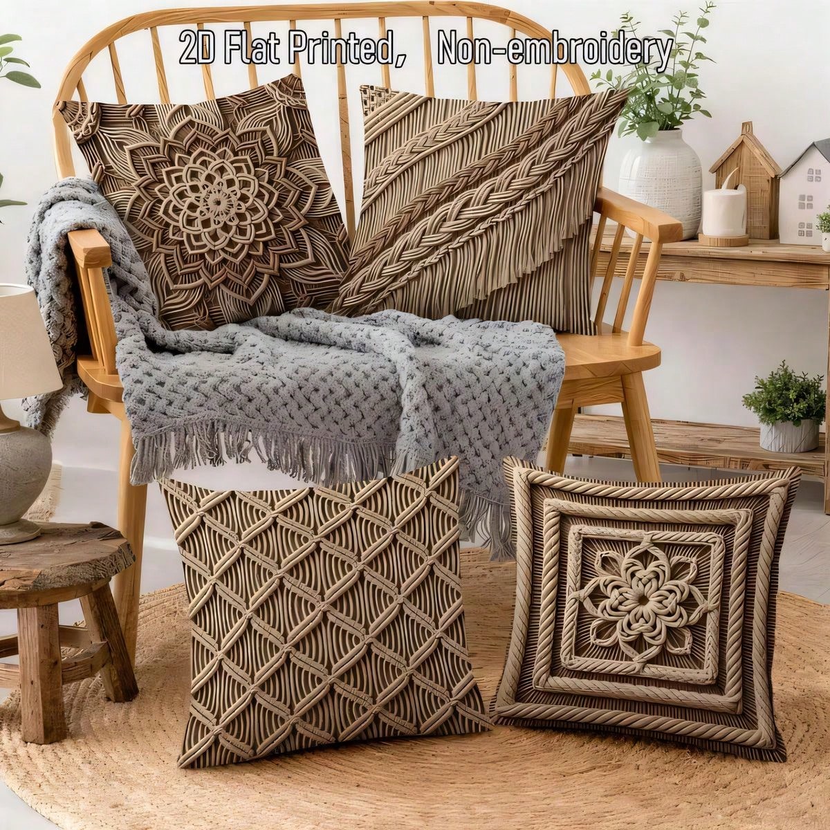 4pcs Vintage Bohemian Knot Print Pillow Covers, Single-Sided 2D Flat Print, Not 3D Real Weave Effect, Soft Comfortable Polyester Cushion Covers, 45*45cm (17.72*17.72in), Zipper Closure Machine Washabl