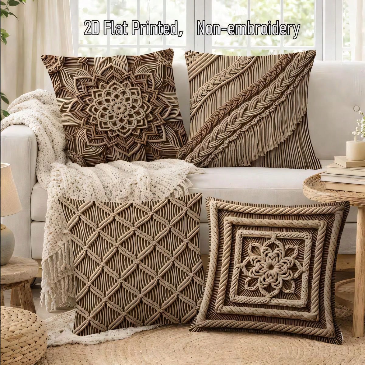 4pcs Vintage Bohemian Knot Print Pillow Covers, Single-Sided 2D Flat Print, Not 3D Real Weave Effect, Soft Comfortable Polyester Cushion Covers, 45*45cm (17.72*17.72in), Zipper Closure Machine Washabl