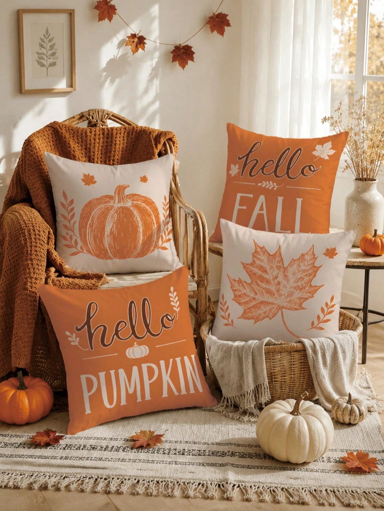 4pcs Vintage Sketch Pumpkin Hello Pumpkin Print Pillow Covers [Pillow Insert Not Included] 40*40cm/45*45cm/50*50cm [Single-Sided Printing] Made Of Polyester Material Hello Fall Hand-Drawn Print Pumpki