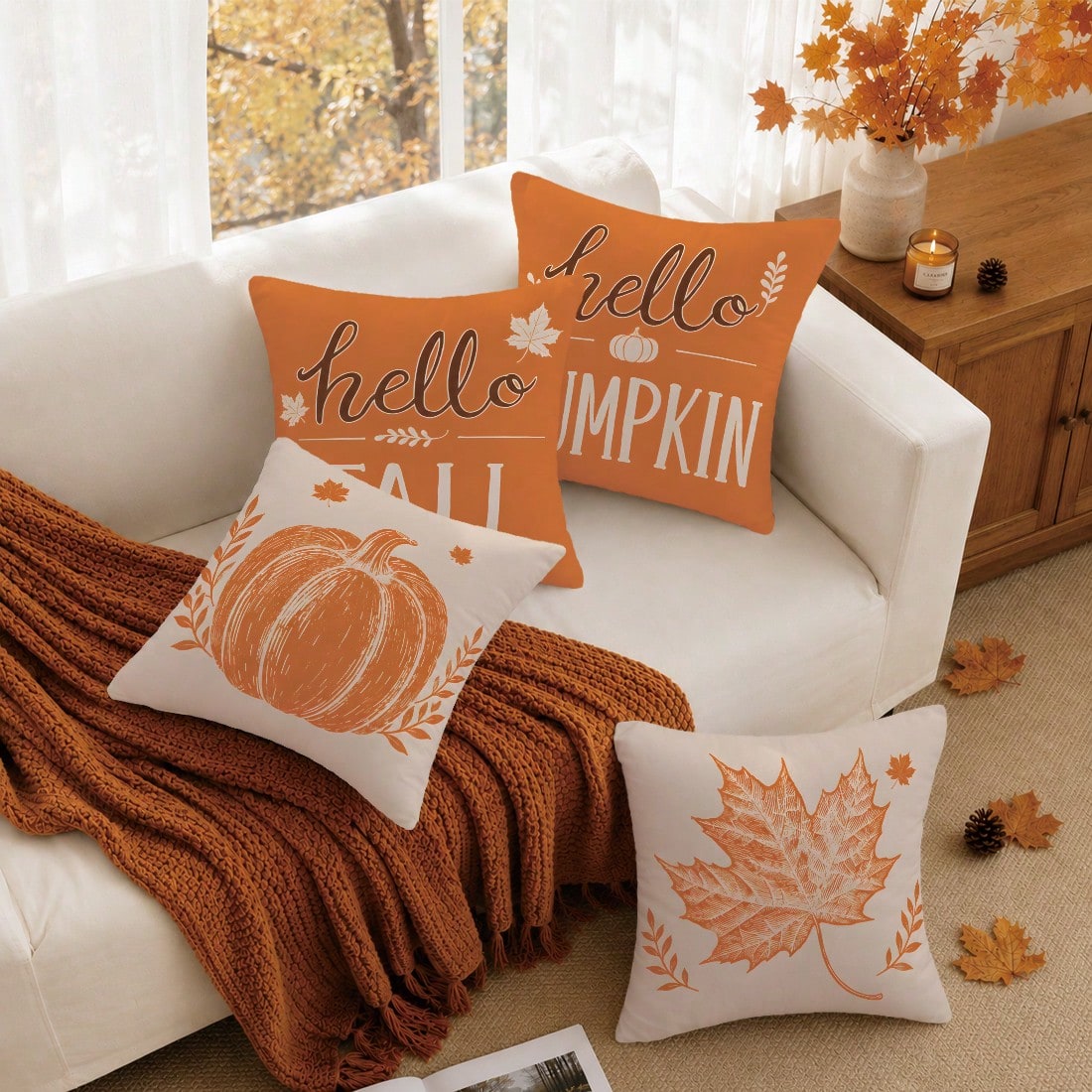 4pcs Vintage Sketch Pumpkin Hello Pumpkin Print Pillow Covers [Pillow Insert Not Included] 40*40cm/45*45cm/50*50cm [Single-Sided Printing] Made Of Polyester Material Hello Fall Hand-Drawn Print Pumpki