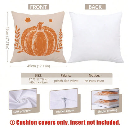 4pcs Vintage Sketch Pumpkin Hello Pumpkin Print Pillow Covers [Pillow Insert Not Included] 40*40cm/45*45cm/50*50cm [Single-Sided Printing] Made Of Polyester Material Hello Fall Hand-Drawn Print Pumpki