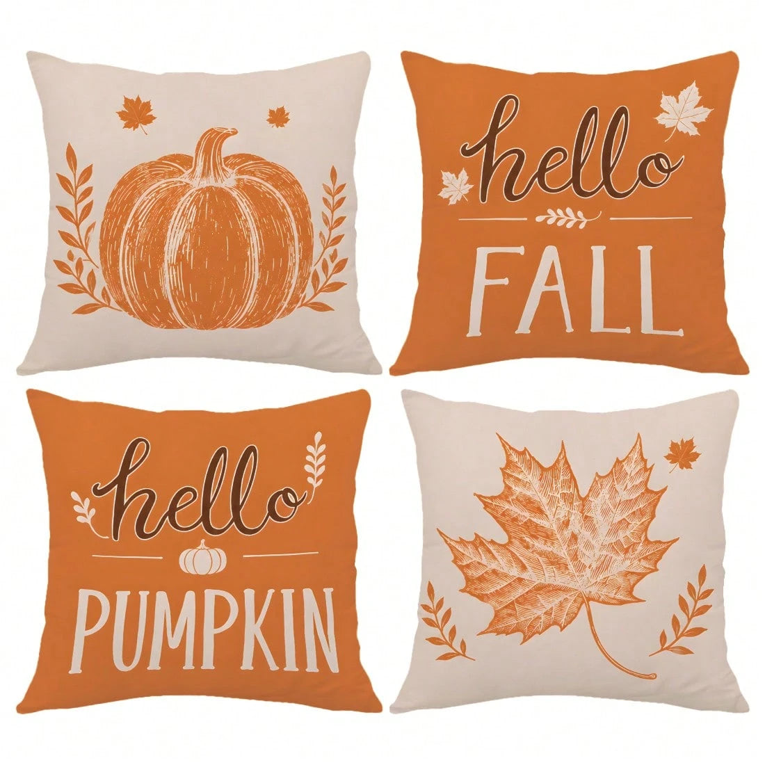 4pcs Vintage Sketch Pumpkin Hello Pumpkin Print Pillow Covers [Pillow Insert Not Included] 40*40cm/45*45cm/50*50cm [Single-Sided Printing] Made Of Polyester Material Hello Fall Hand-Drawn Print Pumpki
