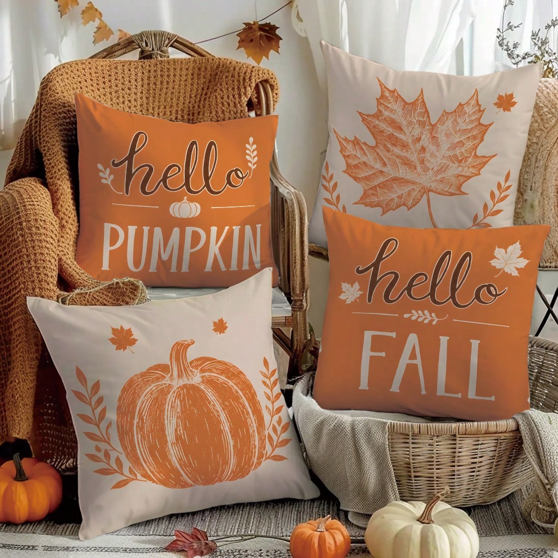 4pcs Vintage Sketch Pumpkin Hello Pumpkin Print Pillow Covers [Pillow Insert Not Included] 40*40cm/45*45cm/50*50cm [Single-Sided Printing] Made Of Polyester Material Hello Fall Hand-Drawn Print Pumpki