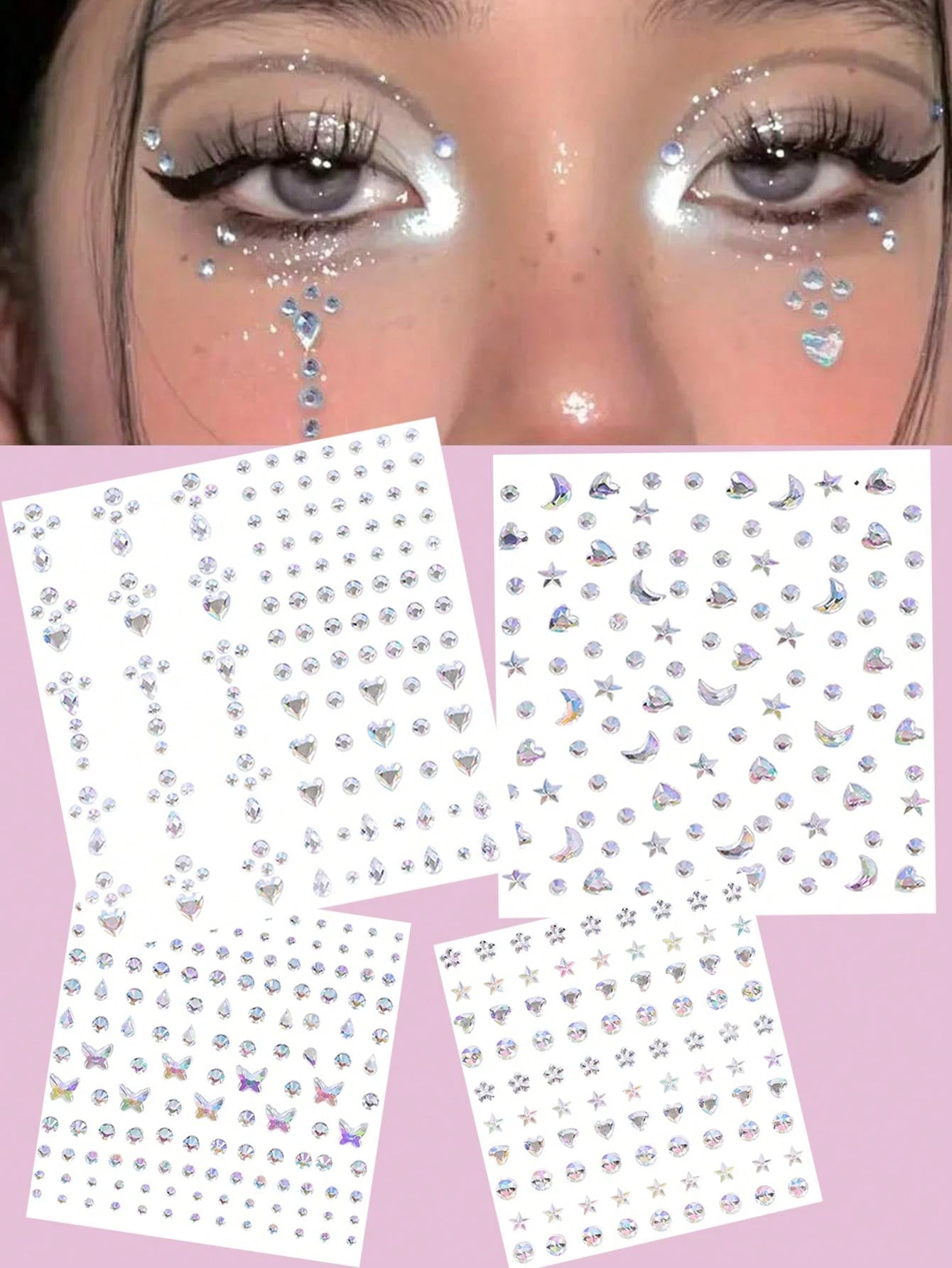 4Sheets/Set Sparkling Rhinestone Face Stickers- 864pcs 3D Rhinestone Face Gems With Tear Drop Shape,Moon,Star,Heart & Butterfly Shape- Perfect For Stage Performance, DIY, Holiday Party (Makeup Carni