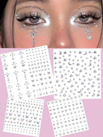 4Sheets/Set Sparkling Rhinestone Face Stickers- 864pcs 3D Rhinestone Face Gems With Tear Drop Shape,Moon,Star,Heart & Butterfly Shape- Perfect For Stage Performance, DIY, Holiday Party (Makeup Carni