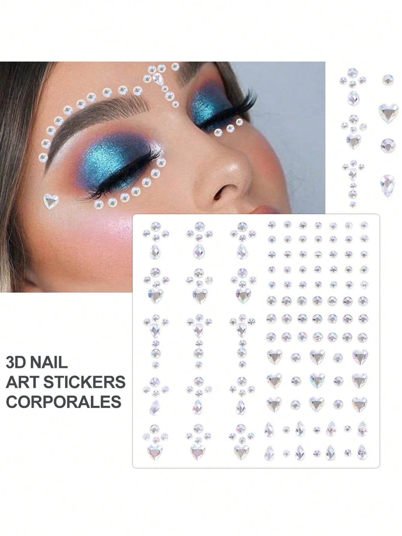 4Sheets/Set Sparkling Rhinestone Face Stickers- 864pcs 3D Rhinestone Face Gems With Tear Drop Shape,Moon,Star,Heart & Butterfly Shape- Perfect For Stage Performance, DIY, Holiday Party (Makeup Carni