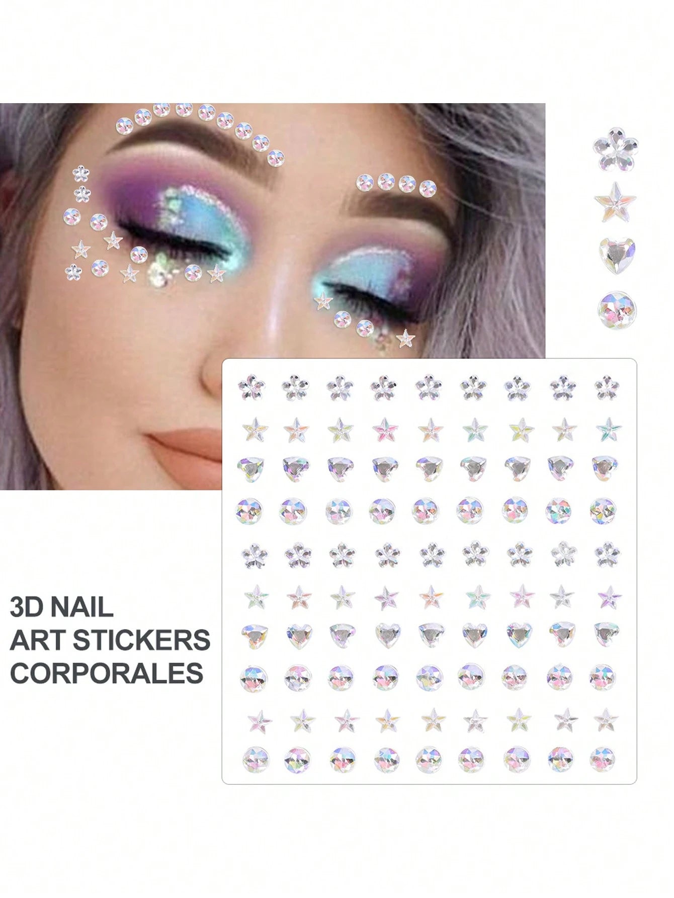 4Sheets/Set Sparkling Rhinestone Face Stickers- 864pcs 3D Rhinestone Face Gems With Tear Drop Shape,Moon,Star,Heart & Butterfly Shape- Perfect For Stage Performance, DIY, Holiday Party (Makeup Carni