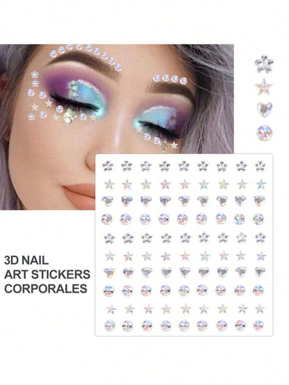 4Sheets/Set Sparkling Rhinestone Face Stickers- 864pcs 3D Rhinestone Face Gems With Tear Drop Shape,Moon,Star,Heart & Butterfly Shape- Perfect For Stage Performance, DIY, Holiday Party (Makeup Carni