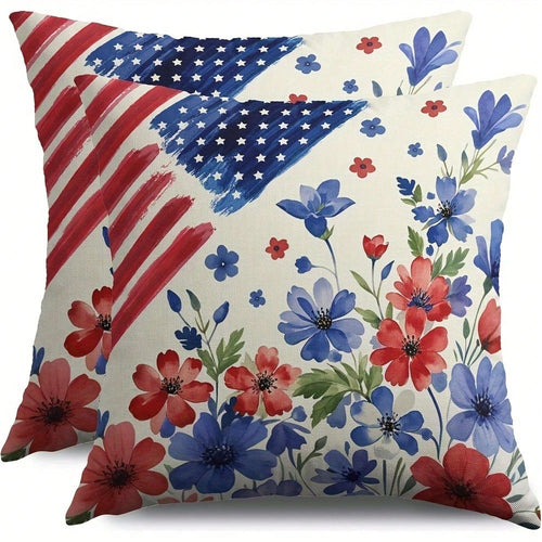 [4Th Of July Holiday] Blue Red Patriotic Floral American Flag Pillow Covers 17.72X17.72 Set Of 2, 4Th Of July Flower Decorative Throw Pillow Covers Outdoor Memorial Day Independence Holiday Cushion Ca