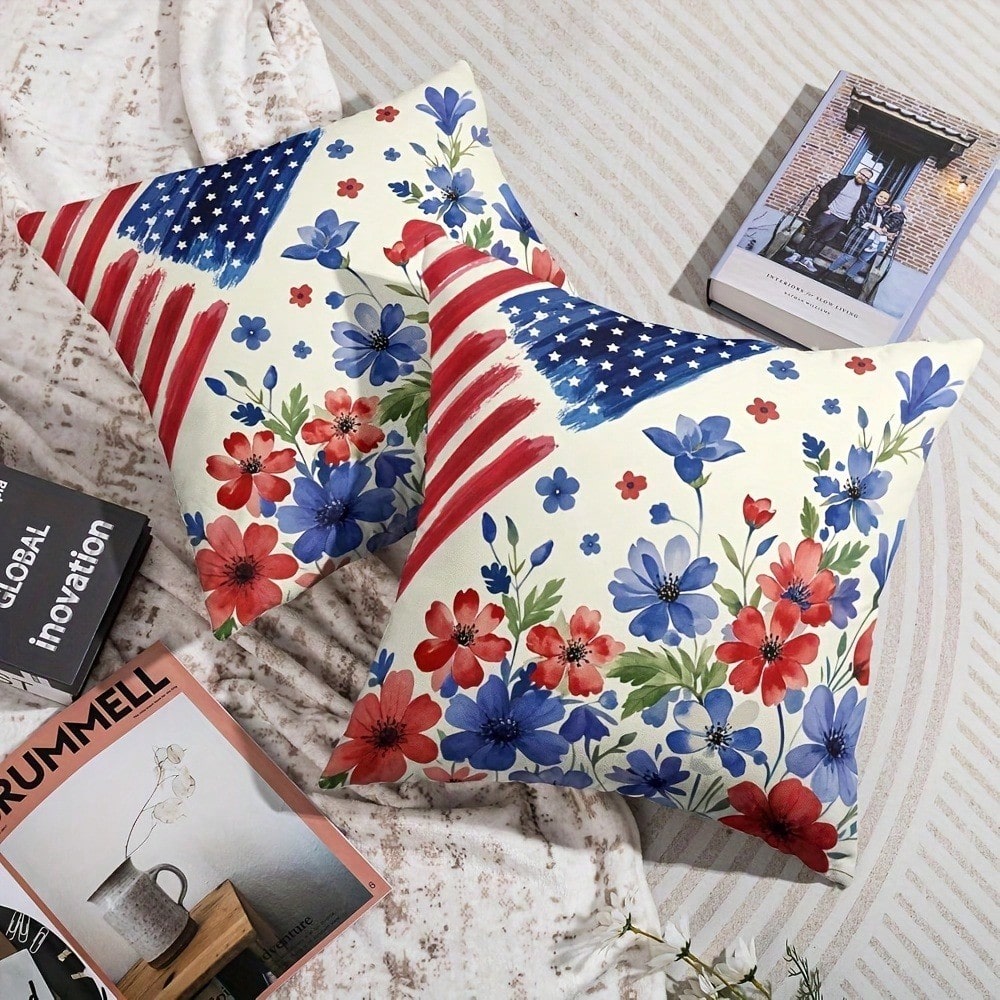 [4Th Of July Holiday] Blue Red Patriotic Floral American Flag Pillow Covers 17.72X17.72 Set Of 2, 4Th Of July Flower Decorative Throw Pillow Covers Outdoor Memorial Day Independence Holiday Cushion Ca