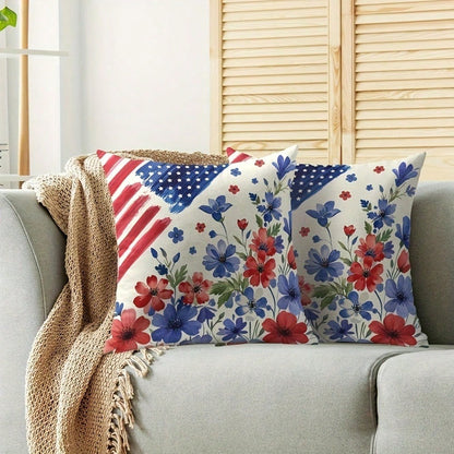 [4Th Of July Holiday] Blue Red Patriotic Floral American Flag Pillow Covers 17.72X17.72 Set Of 2, 4Th Of July Flower Decorative Throw Pillow Covers Outdoor Memorial Day Independence Holiday Cushion Ca