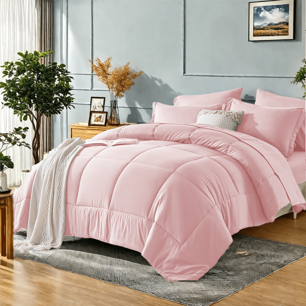 5/7 Deluxe Solid Color Comforter Sets For Queen- Soft And Comfortable Bedding Set Consisting Of 1 Comforter, 1 Flat Sheet, 1 Sheet, 2 Pillowcases And 2 Pillowshams, All-Season, Machine Washable, Grea