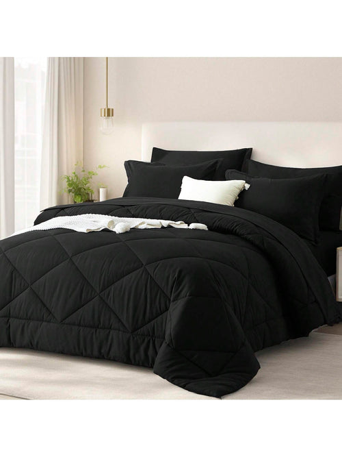 5/7 Piece Solid Color Bed Comforter Set Queen, Creative Geometric Pattern Design, Soft And Comfortable Summer Bedding Set.Bed In A Bag For All Seasons, Includes Comforter, Flat Sheet, Fitted Sheet, Pi