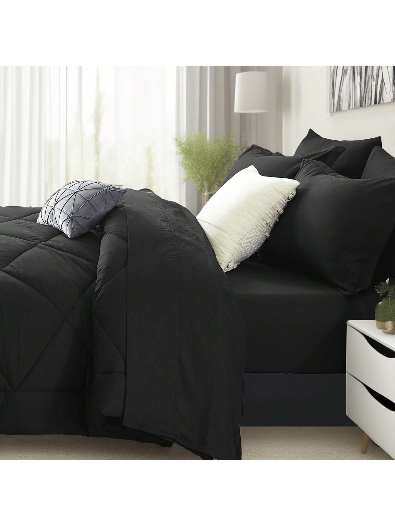 5/7 Piece Solid Color Bed Comforter Set Queen, Creative Geometric Pattern Design, Soft And Comfortable Summer Bedding Set.Bed In A Bag For All Seasons, Includes Comforter, Flat Sheet, Fitted Sheet, Pi