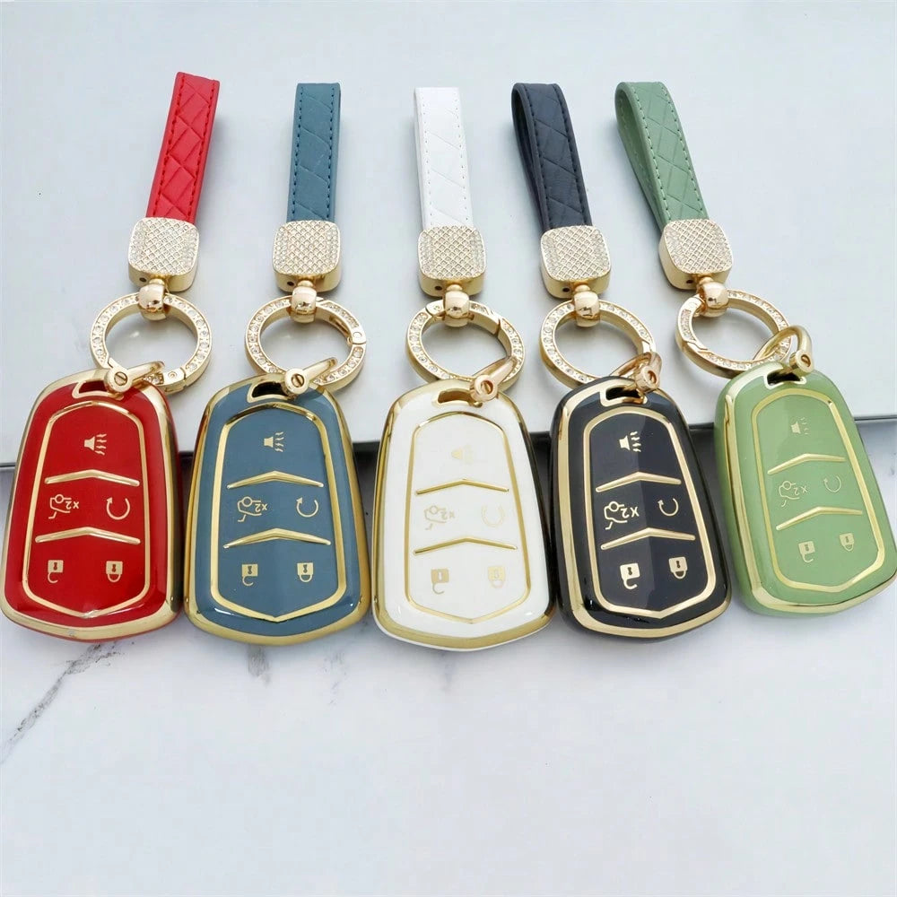 5-Button Car Key Cover Keychain Shell TPU Gold Edge Key Case Compatible With Cadillac CT4 CT5 ATS XT6 Fashionable Key Pouch With Key Ring Women's Dustproof Anti-Drop Premium Fashion Key Bag