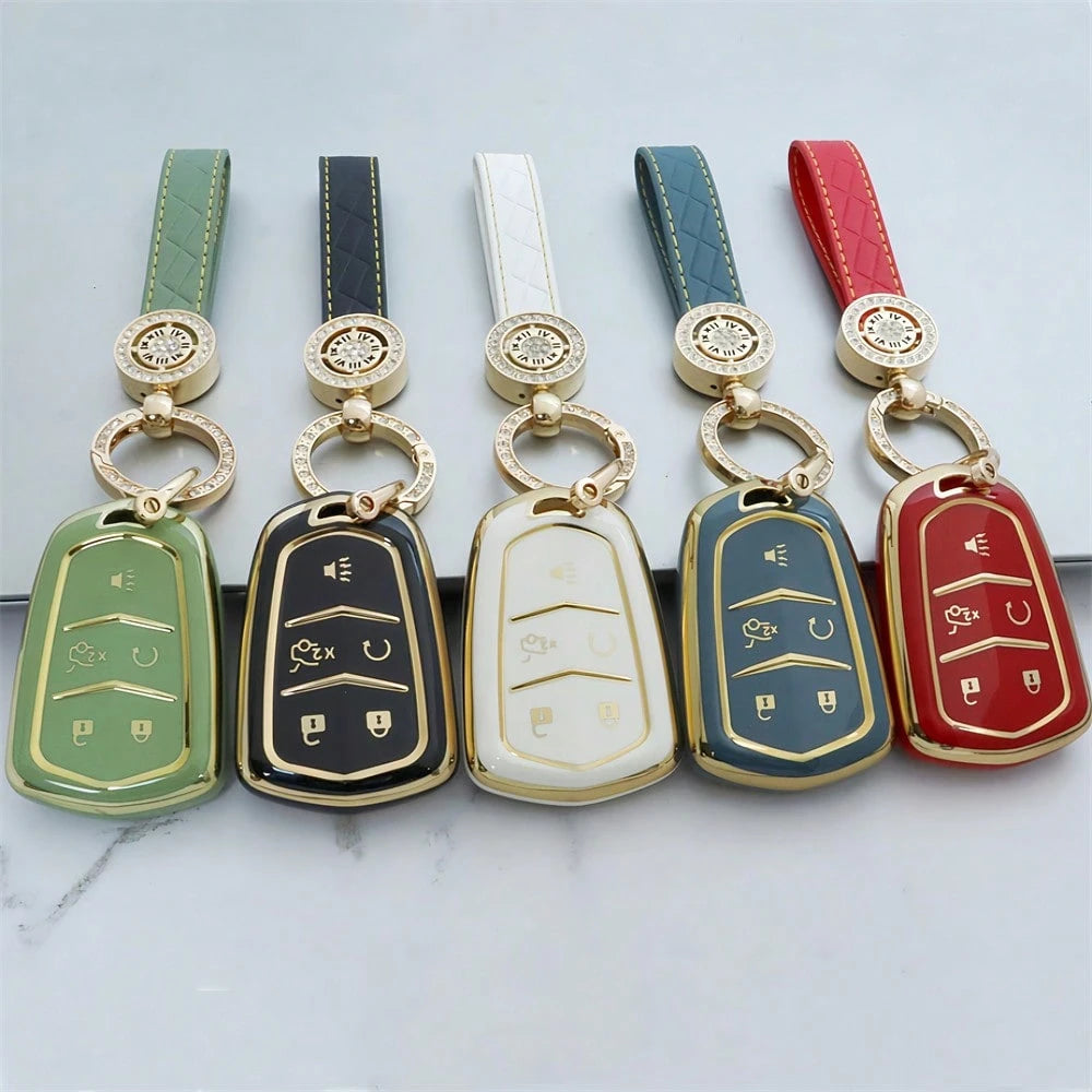 5-Button Car Key Cover Keychain Shell TPU Gold Edge Key Case Compatible With Cadillac CT4 CT5 ATS XT6 Fashionable Key Pouch With Key Ring Women's Dustproof Anti-Drop Premium Fashion Key Bag