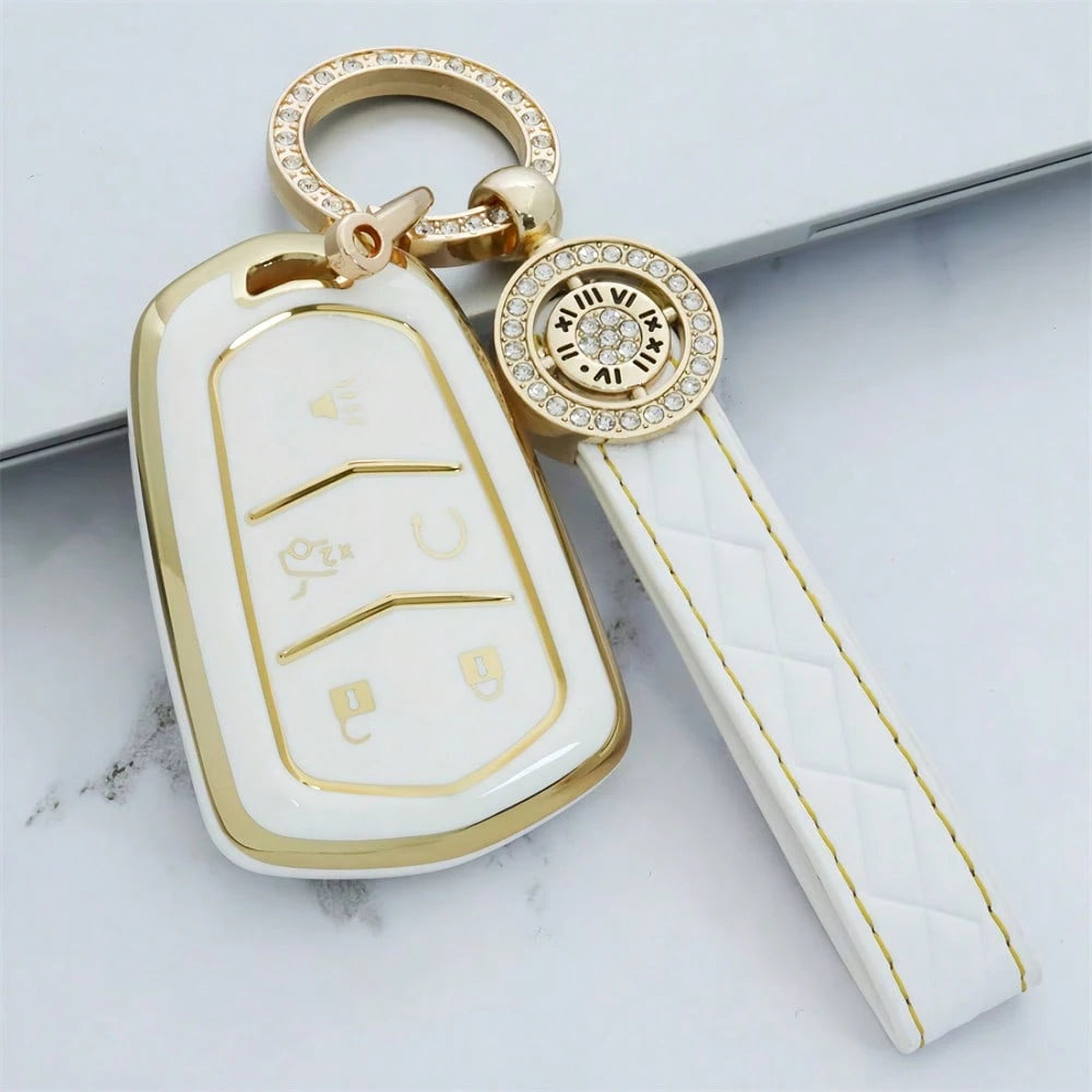 5-Button Car Key Cover Keychain Shell TPU Gold Edge Key Case Compatible With Cadillac CT4 CT5 ATS XT6 Fashionable Key Pouch With Key Ring Women's Dustproof Anti-Drop Premium Fashion Key Bag