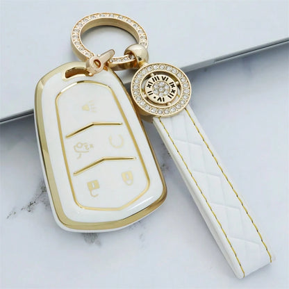 5-Button Car Key Cover Keychain Shell TPU Gold Edge Key Case Compatible With Cadillac CT4 CT5 ATS XT6 Fashionable Key Pouch With Key Ring Women's Dustproof Anti-Drop Premium Fashion Key Bag