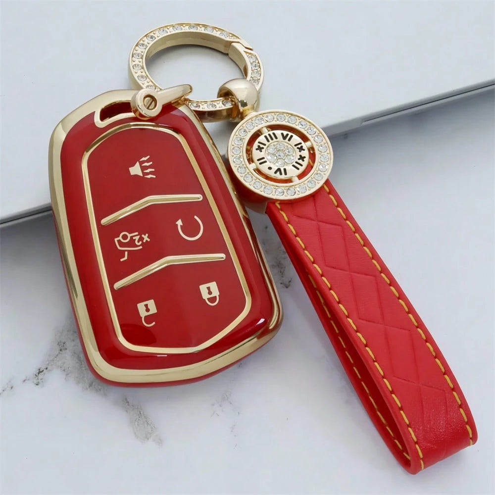 5-Button Car Key Cover Keychain Shell TPU Gold Edge Key Case Compatible With Cadillac CT4 CT5 ATS XT6 Fashionable Key Pouch With Key Ring Women's Dustproof Anti-Drop Premium Fashion Key Bag