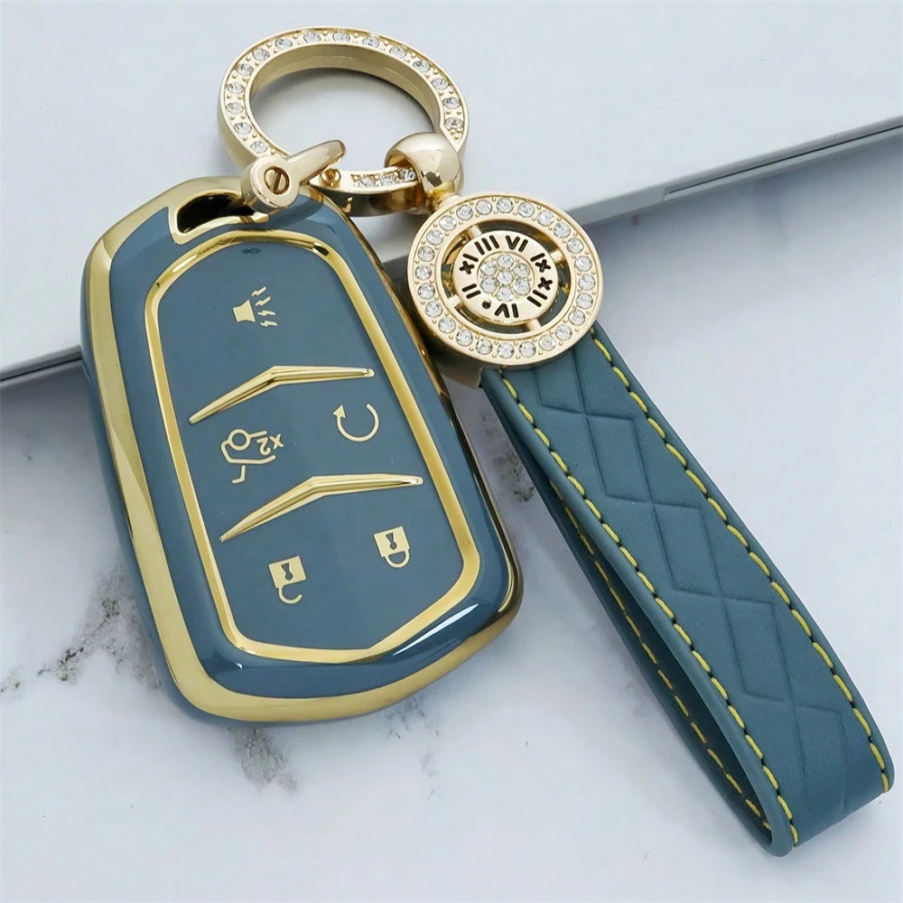 5-Button Car Key Cover Keychain Shell TPU Gold Edge Key Case Compatible With Cadillac CT4 CT5 ATS XT6 Fashionable Key Pouch With Key Ring Women's Dustproof Anti-Drop Premium Fashion Key Bag