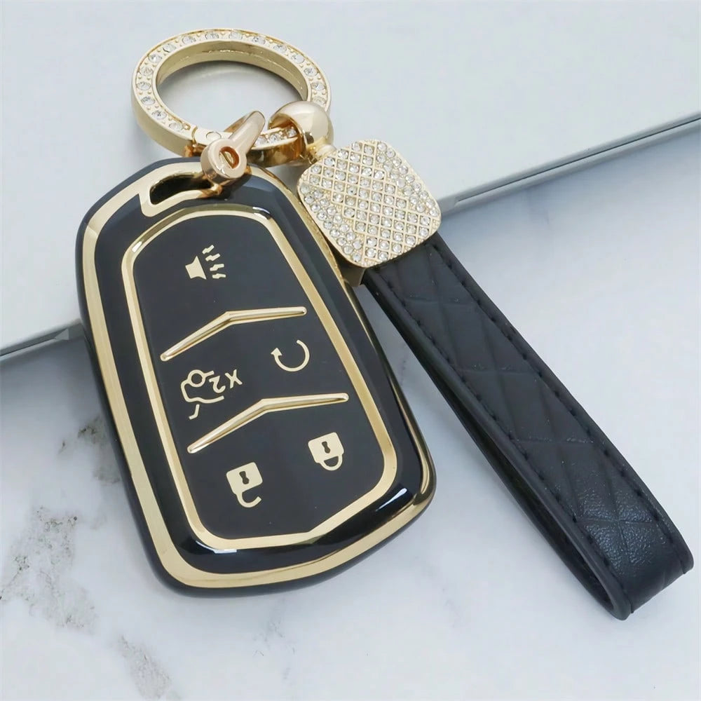 5-Button Car Key Cover Keychain Shell TPU Gold Edge Key Case Compatible With Cadillac CT4 CT5 ATS XT6 Fashionable Key Pouch With Key Ring Women's Dustproof Anti-Drop Premium Fashion Key Bag