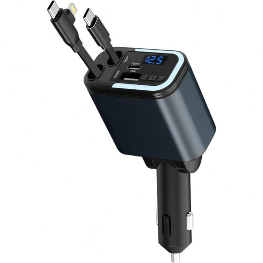 5-In-1 120W Fast Charging Retractable Car Charger, Wireless Bluetooth FM Transmitter, Car Charger Adapter, Compatible With IPhone 17/16/15/14 Pro Max & Android Devices