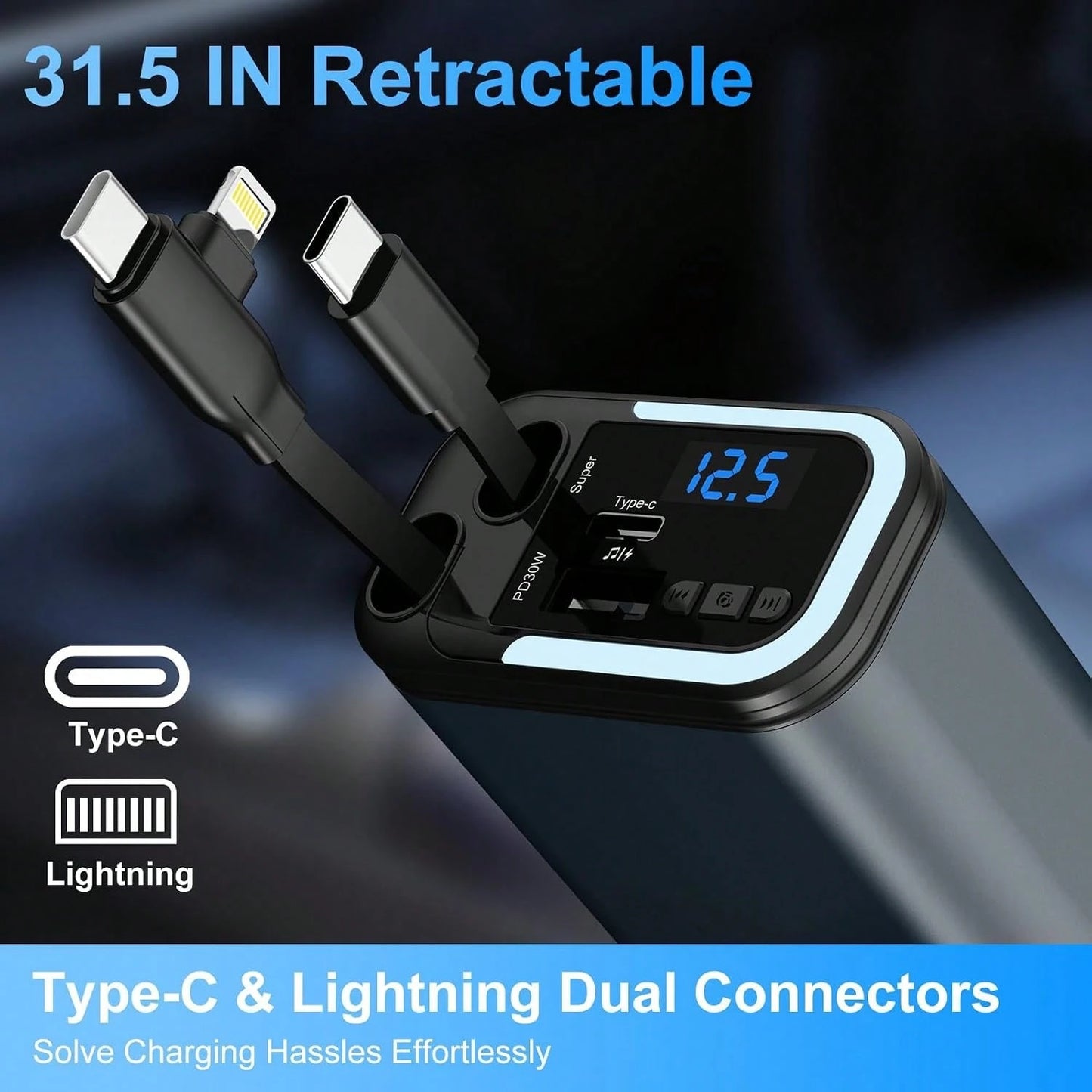 5-In-1 120W Fast Charging Retractable Car Charger, Wireless Bluetooth FM Transmitter, Car Charger Adapter, Compatible With IPhone 17/16/15/14 Pro Max & Android Devices