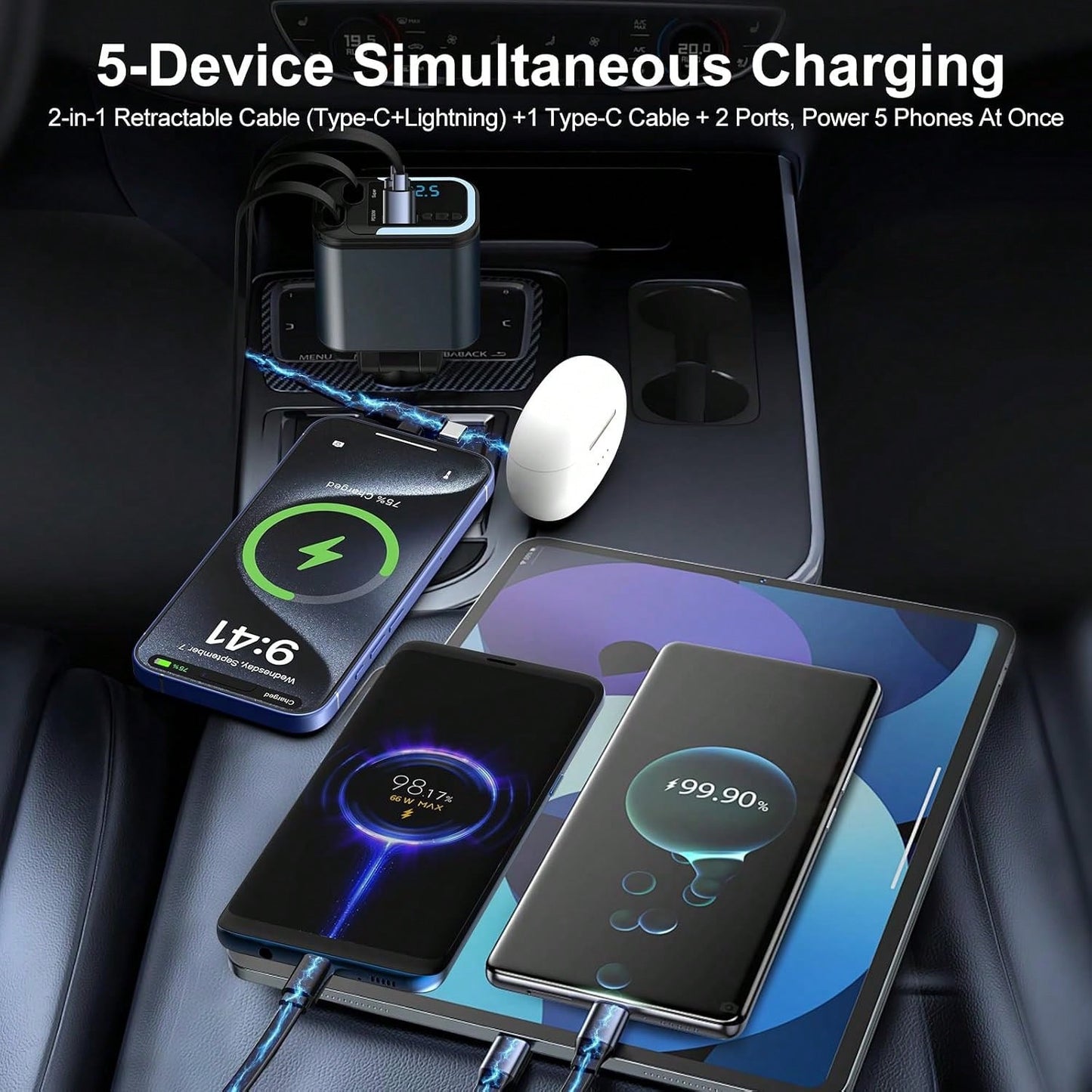 5-In-1 120W Fast Charging Retractable Car Charger, Wireless Bluetooth FM Transmitter, Car Charger Adapter, Compatible With IPhone 17/16/15/14 Pro Max & Android Devices