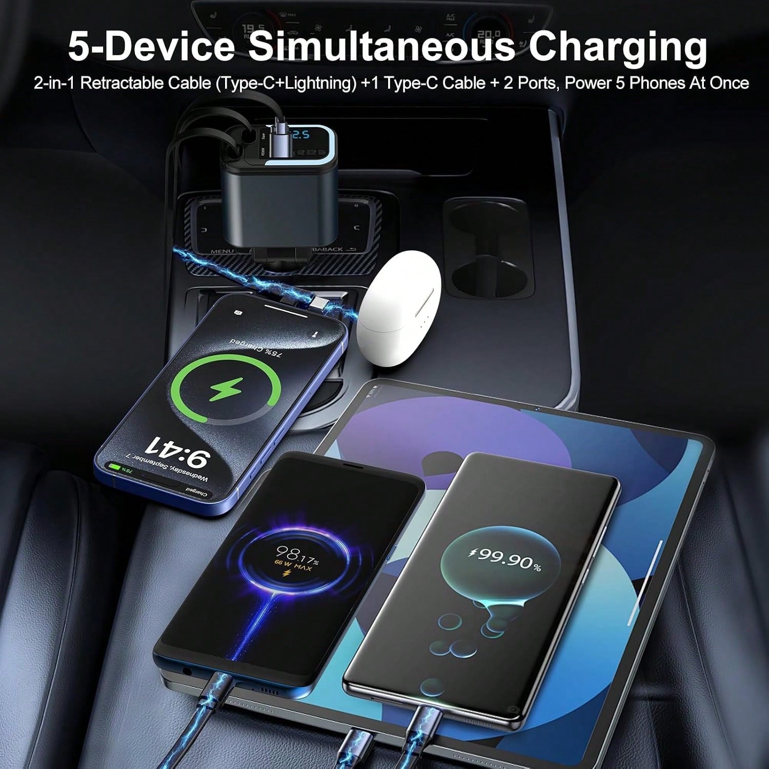 5-In-1 120W Fast Charging Retractable Car Charger, Wireless Bluetooth FM Transmitter, Car Charger Adapter, Compatible With IPhone 17/16/15/14 Pro Max & Android Devices