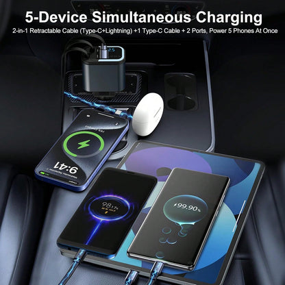 5-In-1 120W Fast Charging Retractable Car Charger, Wireless Bluetooth FM Transmitter, Car Charger Adapter, Compatible With IPhone 17/16/15/14 Pro Max & Android Devices