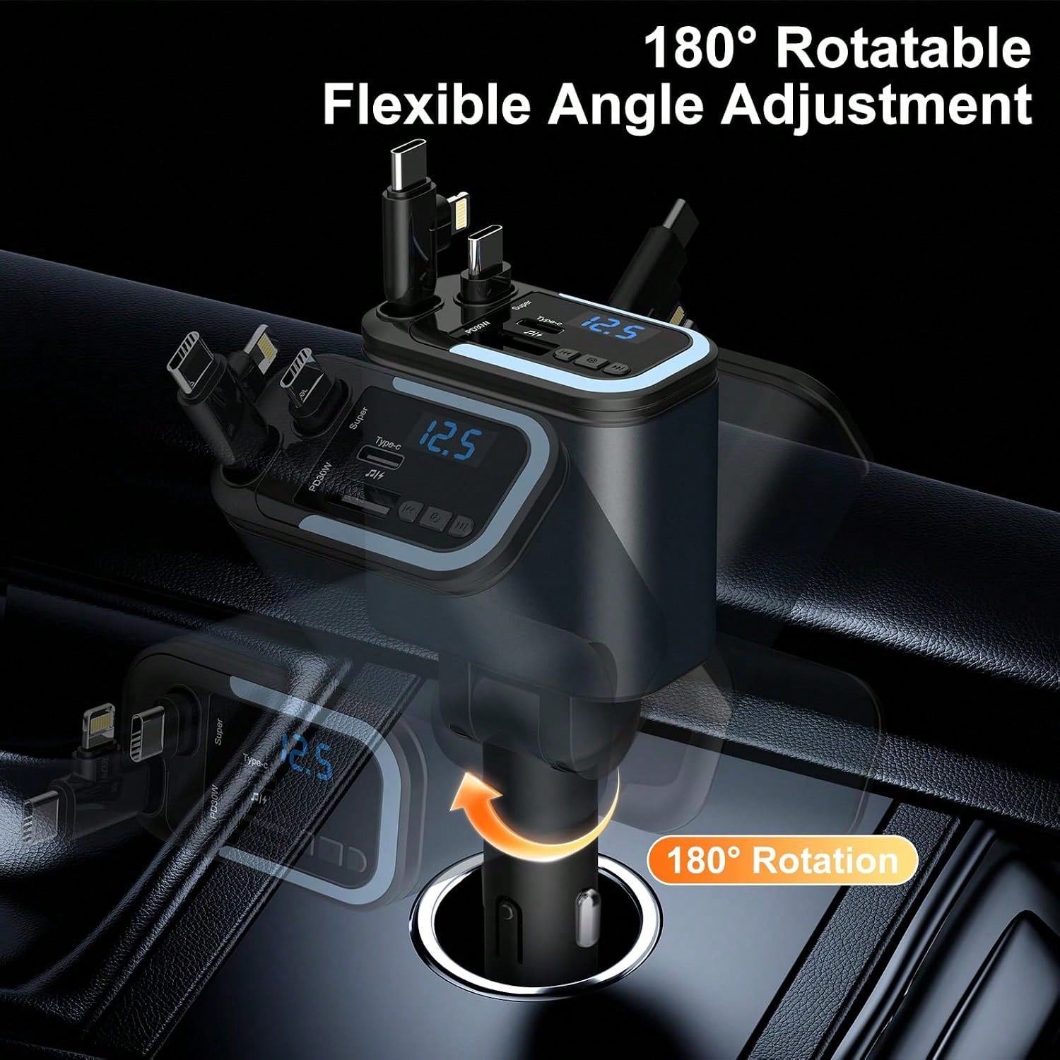 5-In-1 120W Fast Charging Retractable Car Charger, Wireless Bluetooth FM Transmitter, Car Charger Adapter, Compatible With IPhone 17/16/15/14 Pro Max & Android Devices