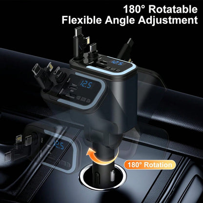 5-In-1 120W Fast Charging Retractable Car Charger, Wireless Bluetooth FM Transmitter, Car Charger Adapter, Compatible With IPhone 17/16/15/14 Pro Max & Android Devices