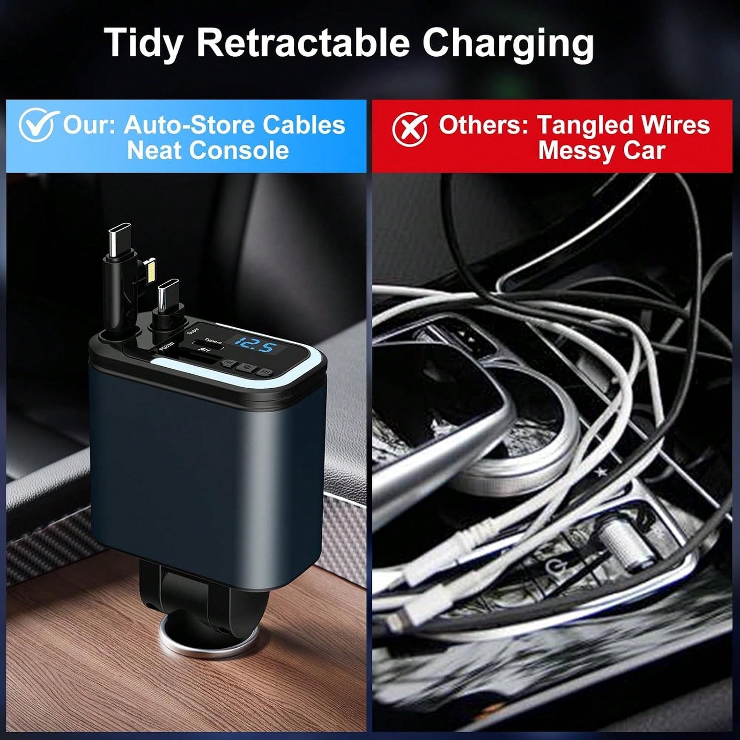 5-In-1 120W Fast Charging Retractable Car Charger, Wireless Bluetooth FM Transmitter, Car Charger Adapter, Compatible With IPhone 17/16/15/14 Pro Max & Android Devices