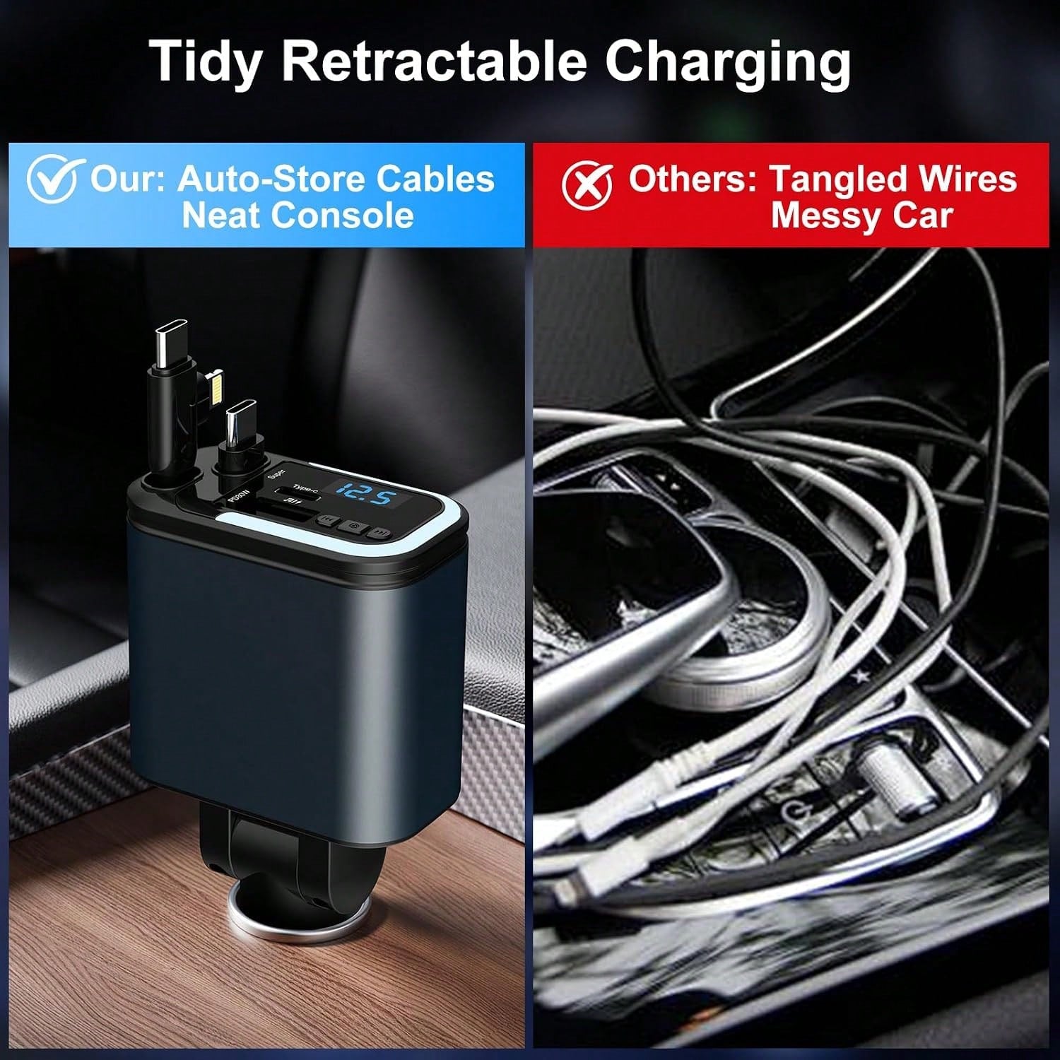 5-In-1 120W Fast Charging Retractable Car Charger, Wireless Bluetooth FM Transmitter, Car Charger Adapter, Compatible With IPhone 17/16/15/14 Pro Max & Android Devices