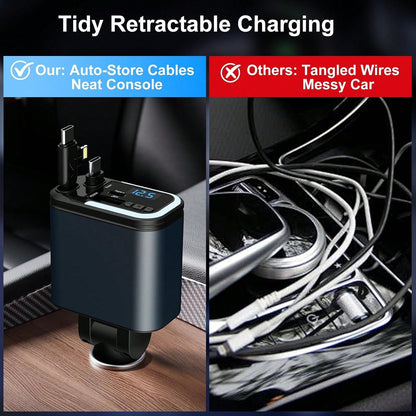 5-In-1 120W Fast Charging Retractable Car Charger, Wireless Bluetooth FM Transmitter, Car Charger Adapter, Compatible With IPhone 17/16/15/14 Pro Max & Android Devices